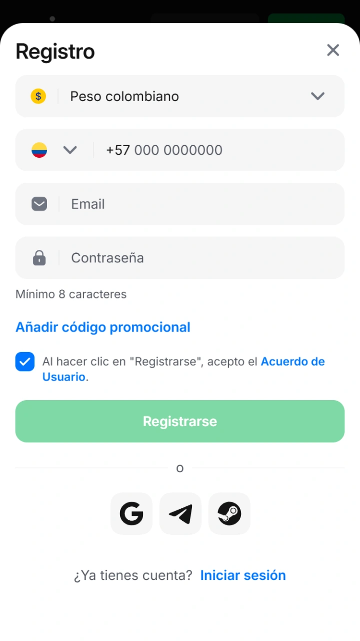 Rellena tus datos de forma totalmente segura para crear tu cuenta en casino 1win.