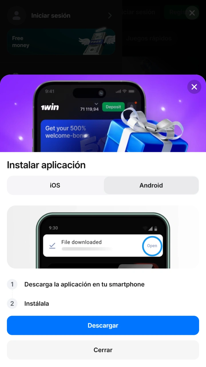 Haz clic en el botón azul para iniciar la descarga segura de la aplicación 1win.