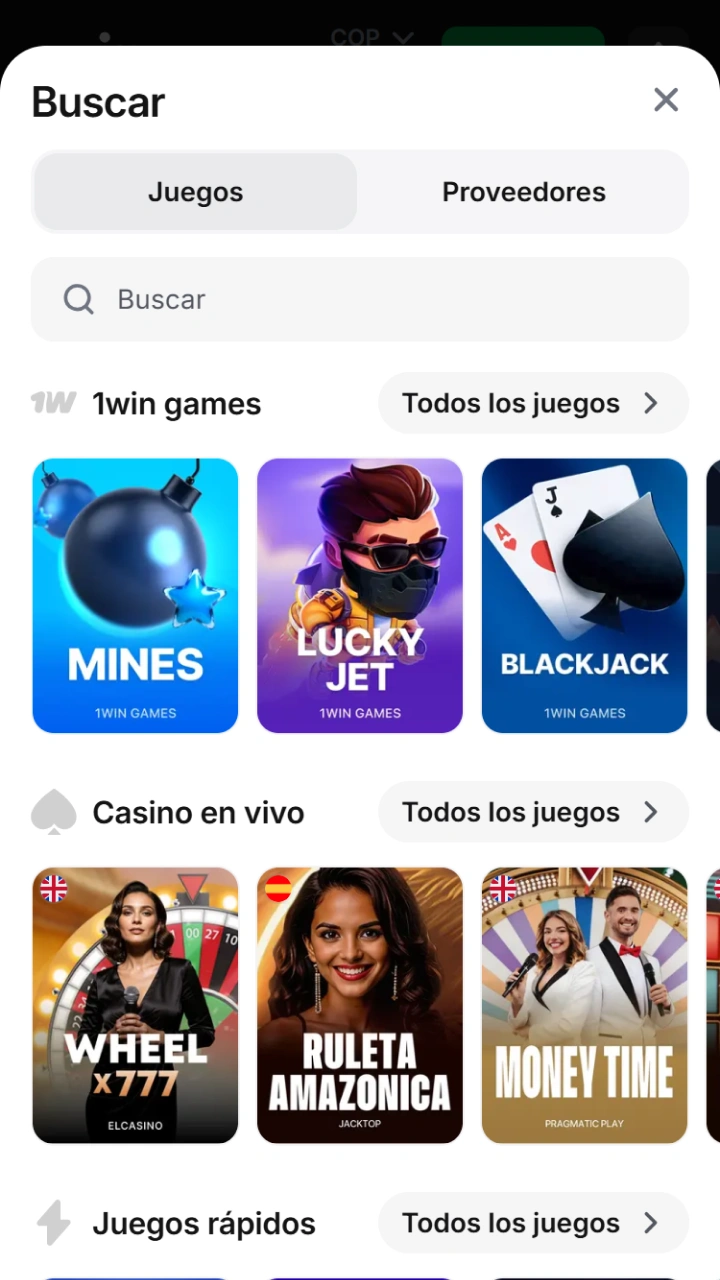 Explora el catálogo interactivo de juegos divertidos y salas en vivo de 1win.
