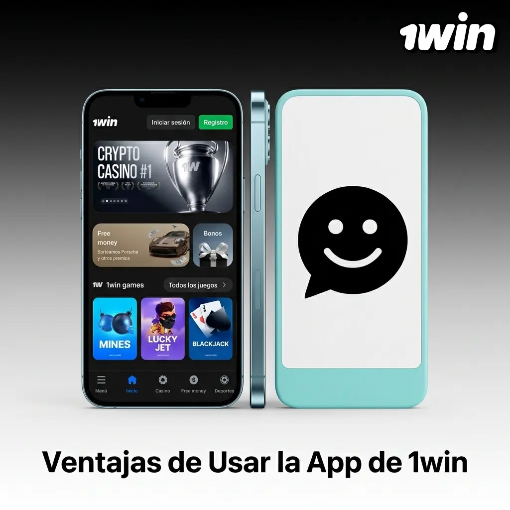 Pantalla de la app móvil de 1win con sus principales ventajas como apuestas deportivas y casino en línea